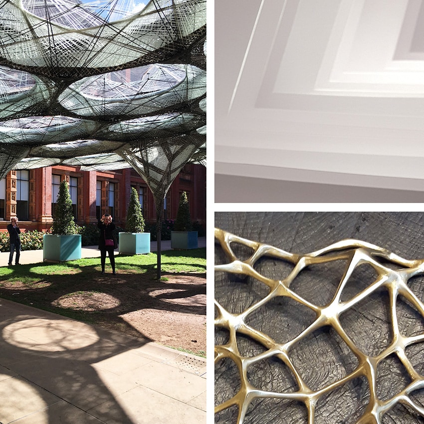 Left; Elytra Filament Pavilion, V&A Museum, London Top right; Integrate - Assimilate, 2016. Renata Graw Bottom right; Tom Dixon Bone tableware collection