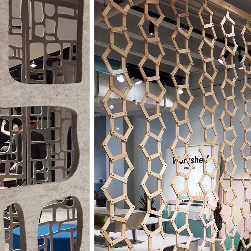 Left; BuzziSpace acoustic divider Right; Screening on Three H showroom, NeoCon 2016. Manufacturer unconfirmed